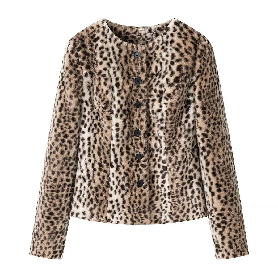 Retro Leopard Faux Fur Short Coat Lady Chic O-neck Single Button Placket Spotted Dot Cropped Long Sleeve Outerwear Street Jacket Pi-Mart