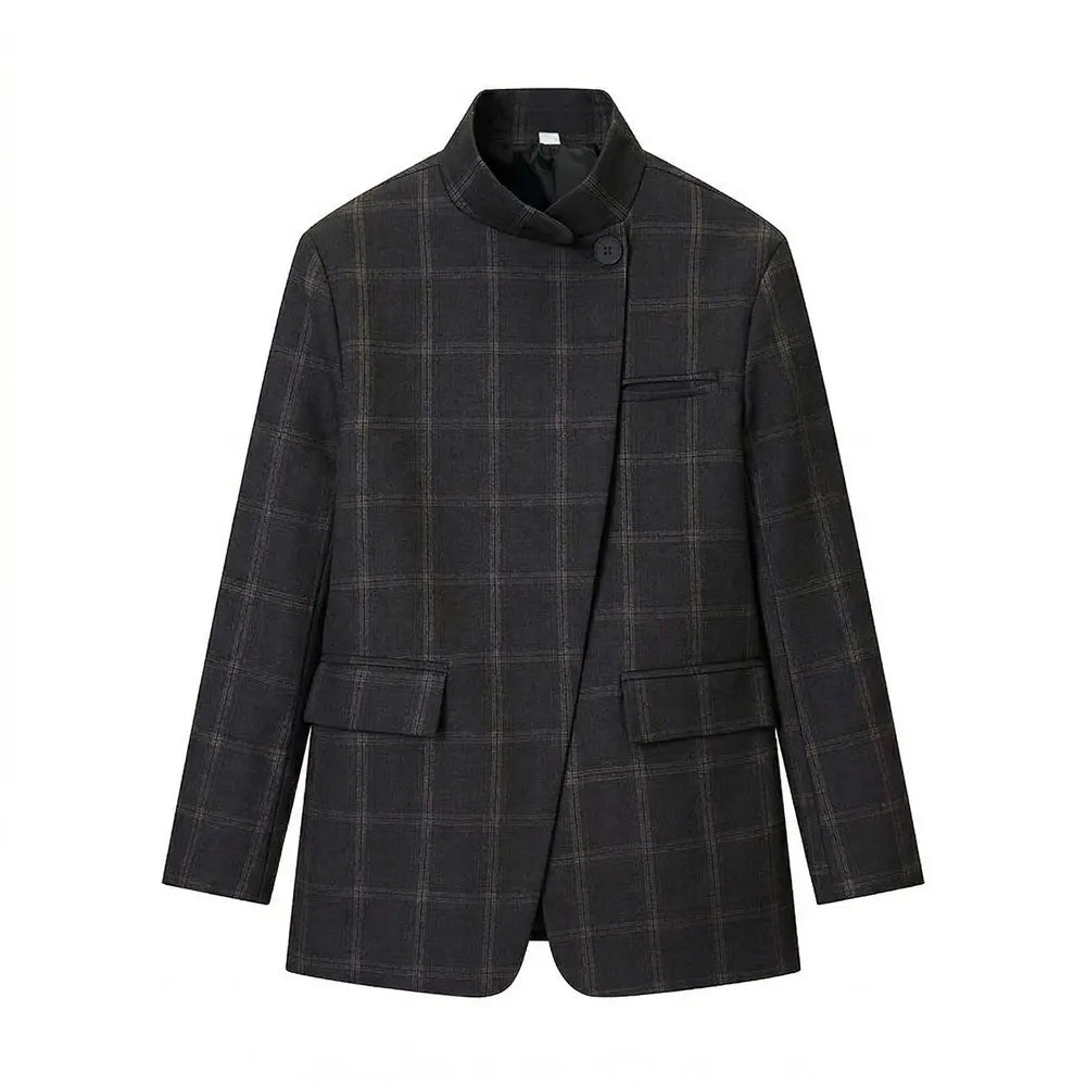 HH Women Fashion Plaid Blazer Coat Stand Collar Long Sleeve Jacket 2026 Spring Trend Casual Office Lady Chic Outerwear LadyShow.Store