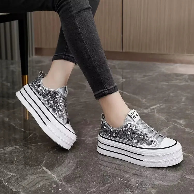 Woman Platform Sneakers Wedge Shoes Female Spring Autumn Sequins Bling Casual Shoes Ladies Thick-soled Canvas Shoes Pi-Mart