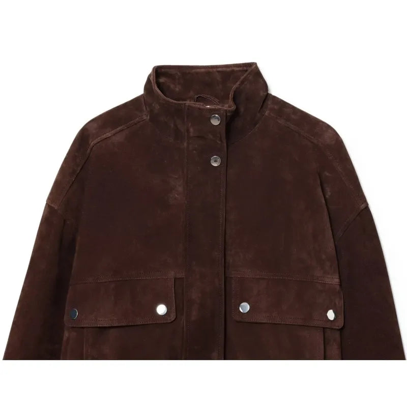 Women Suede Leather Jacket with Pockets Autumn Fashion High Collar Long Sleeve Button Jacket Lady Coats Causal Female Chic Tops LadyShow.Store