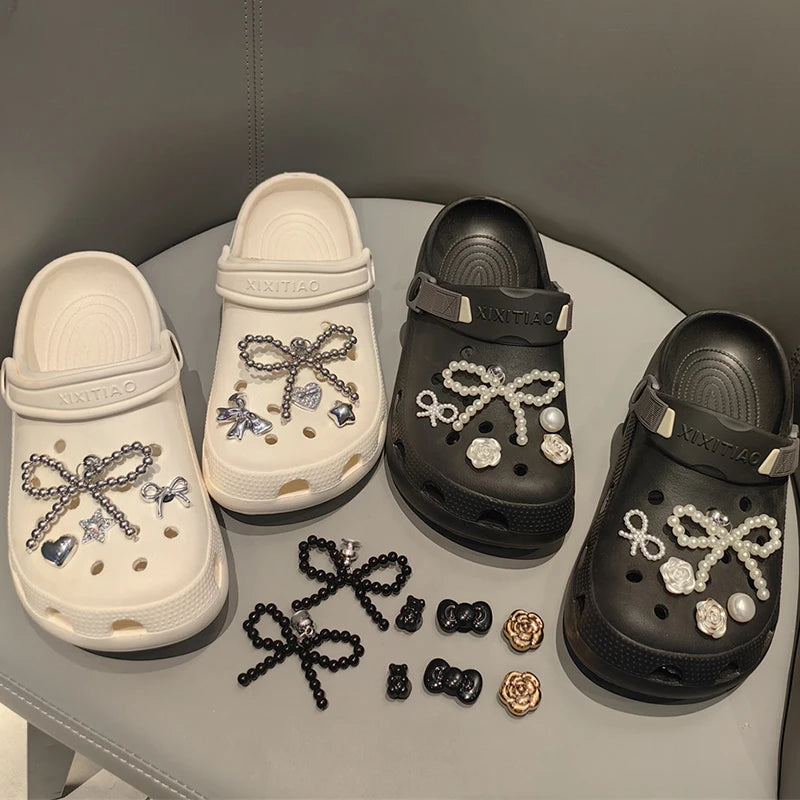 New Pearls Bowknot Shoes Charm Set 2026 Punk Heart Flowers DIY Shoe Accessories Ballet Style Silver Detachable Shoe Buckle Decor Pi-Mart