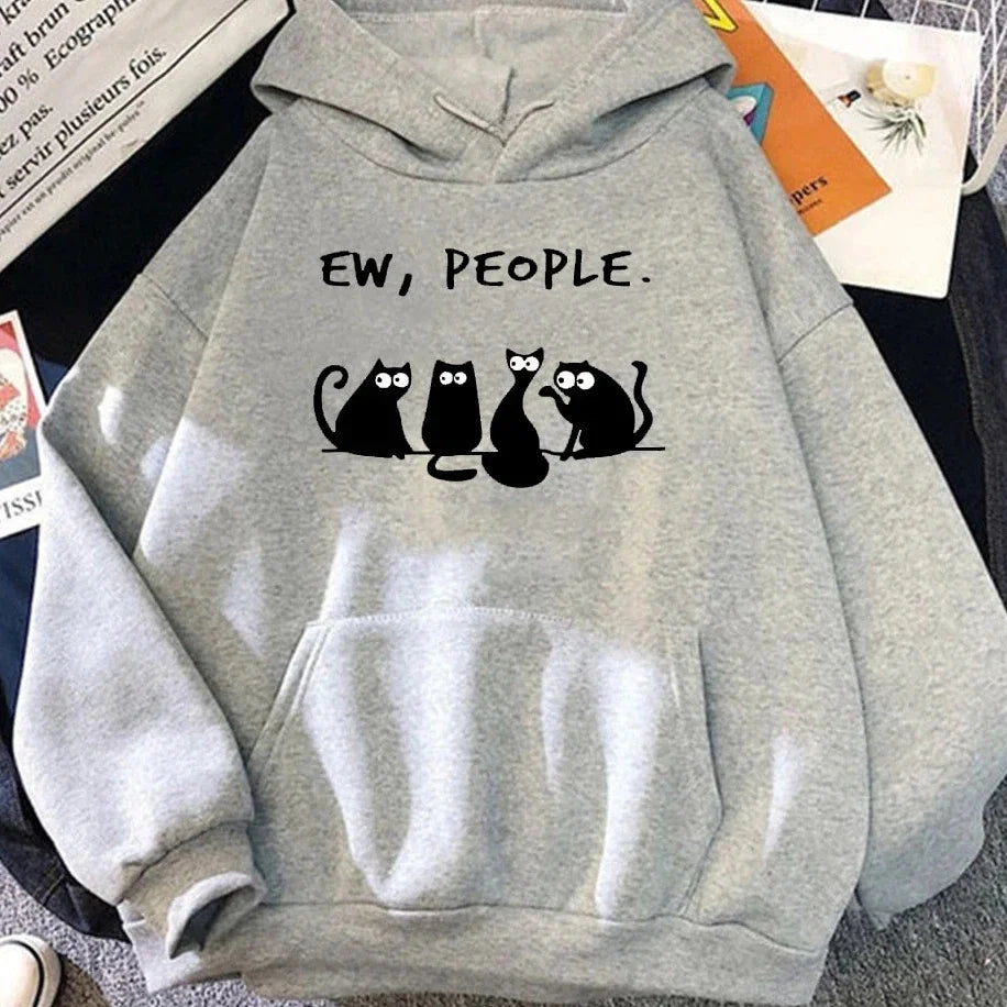 American Vintage 2025 Autumn Winter Woman Hoodies EW PEOPLE Letter Print Top Funny Harajuku Cartoon Black Cat Pattern Clothing LadyShow.Store