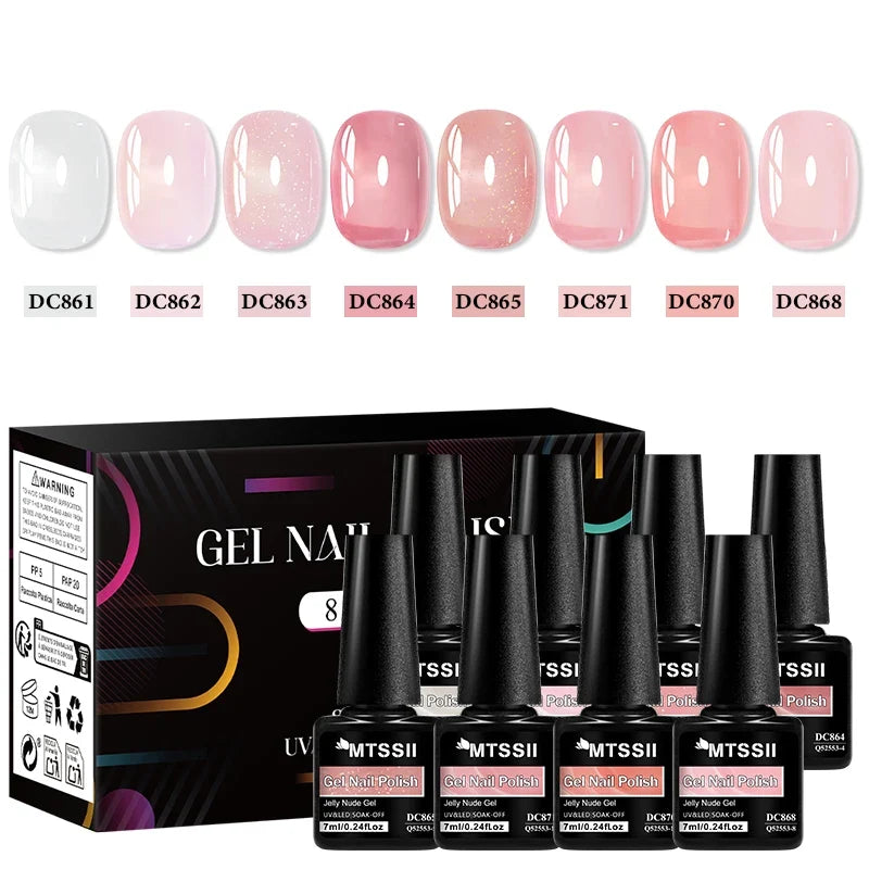 8pcs Nude Jelly Gel Nail Polish Set With Box Translucent Color Semi Permanent Soak Off UV LED Gel Varnish Nail Supplies Manicure Tri Light Beauty