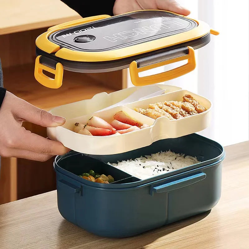1200ML 2 Layer Bento Lunch Box With Spoon Fork, Kid High Capacity Microwae Food Containers Portable Leakproof Office Camping LadyShow.Store