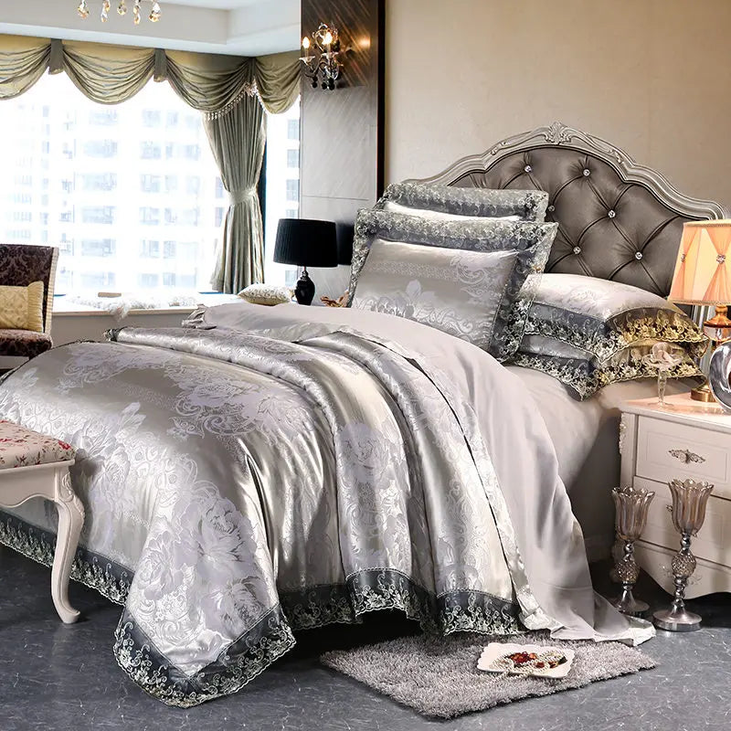 Luxury Jacquard Bedding Set Tencel Modal Duvet Cover 4PCS with Lace Satin Bed Sheet Pillowcases King and Queen Size Home Textile LadyShow.Store