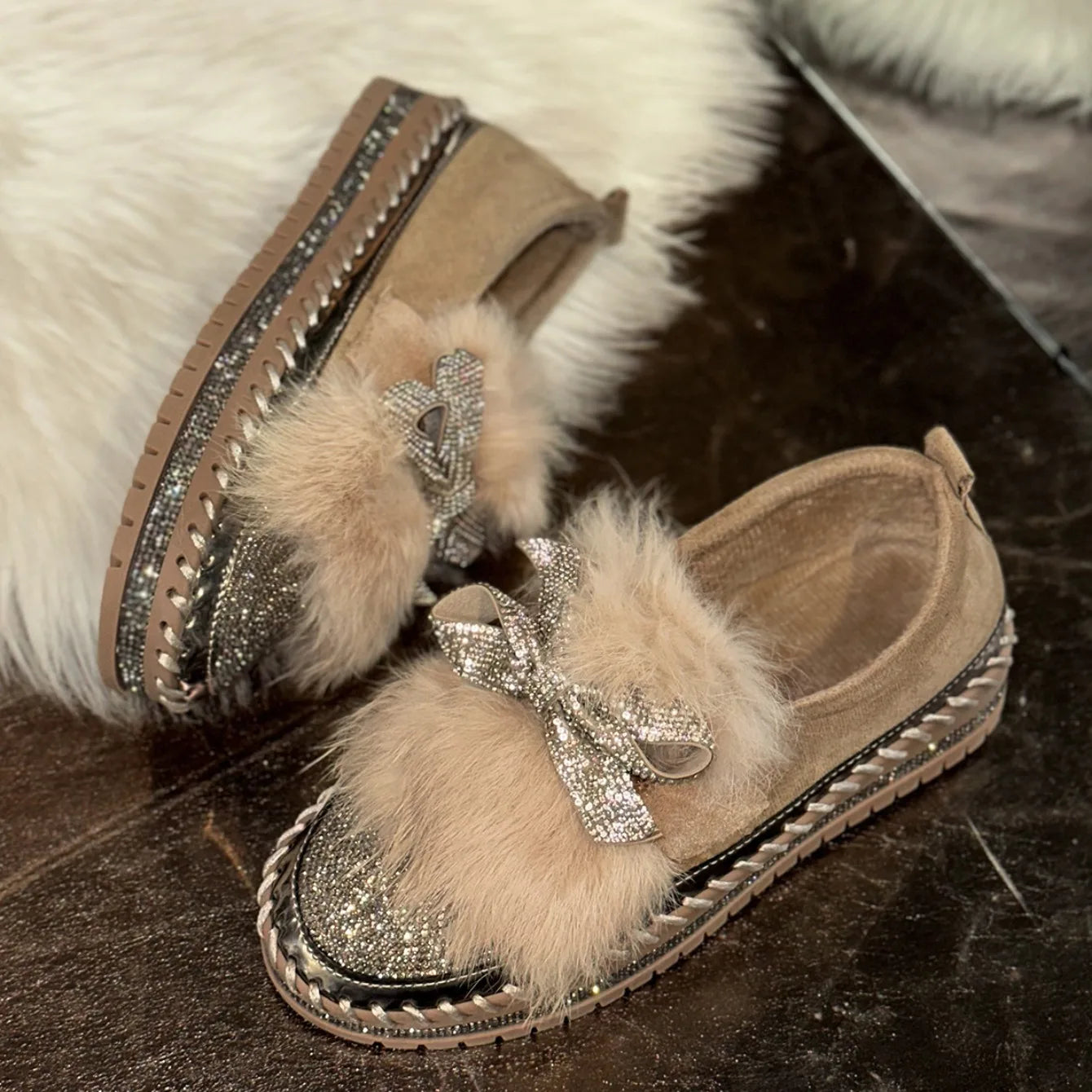 Trend Women Sneakers Furry Crystal Bow  Women Casual Shoes Flat Platform Loafers Short Plush Warm Autumn Winter Sneakers Woman Pi-Mart