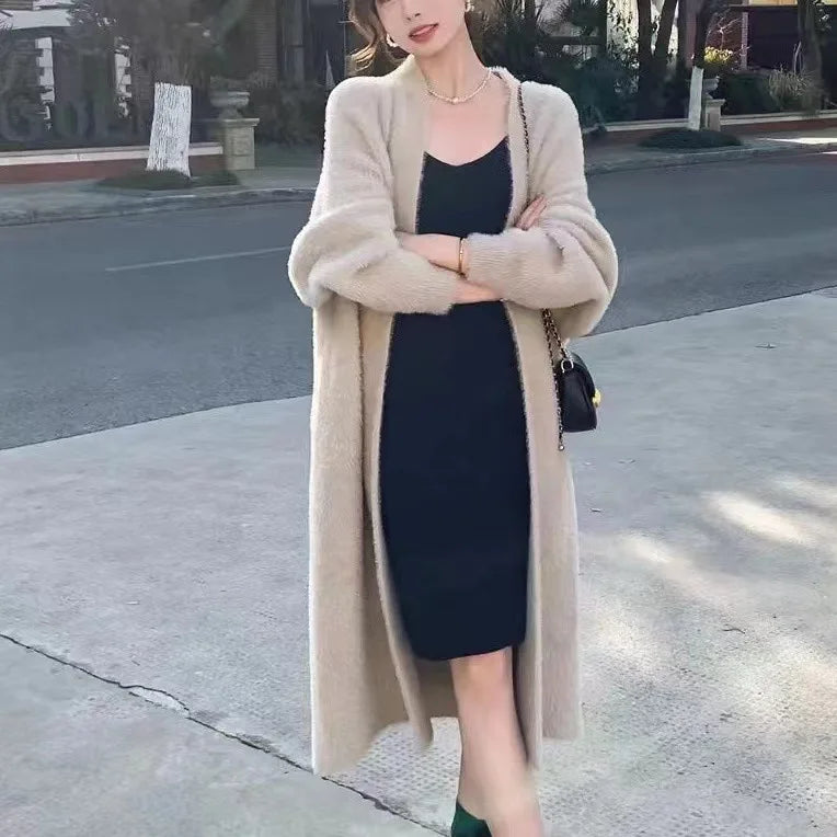Autumn and winter loose and lazy style open knit coat, thick knee length imitation mink fur long sleeved sweater, warm jacket LadyShow.Store