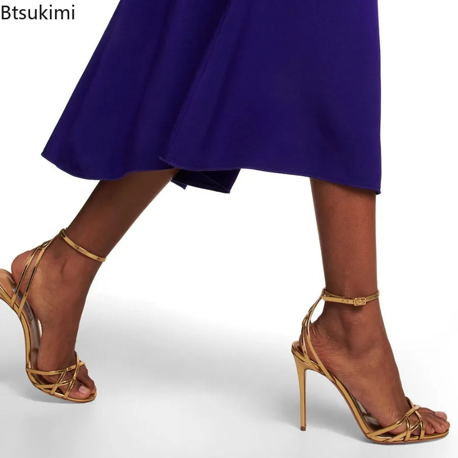 New 2026 Summer Women's Patent Leather Sandals Round Toe Open-toe Stiletto Sexy Ladies Sandals Thin High-heeled Banquet Dress Pi-Mart