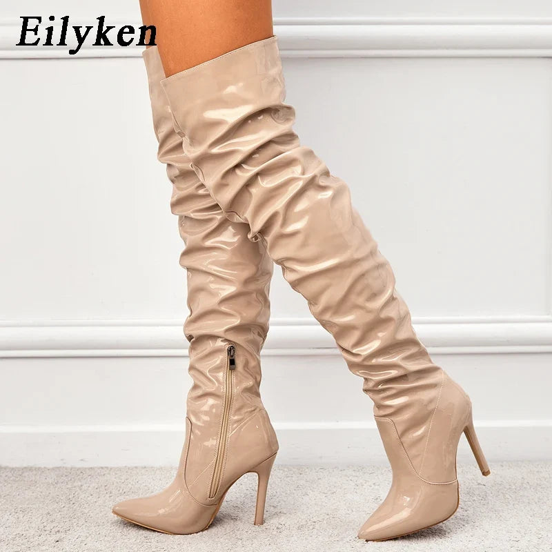 Eilyken Red Women Over The Knee Boots High Heels Patent Leather Solid Pointed Toe Stiletto Side Zipper Sapatos Femininos LadyShow.Store