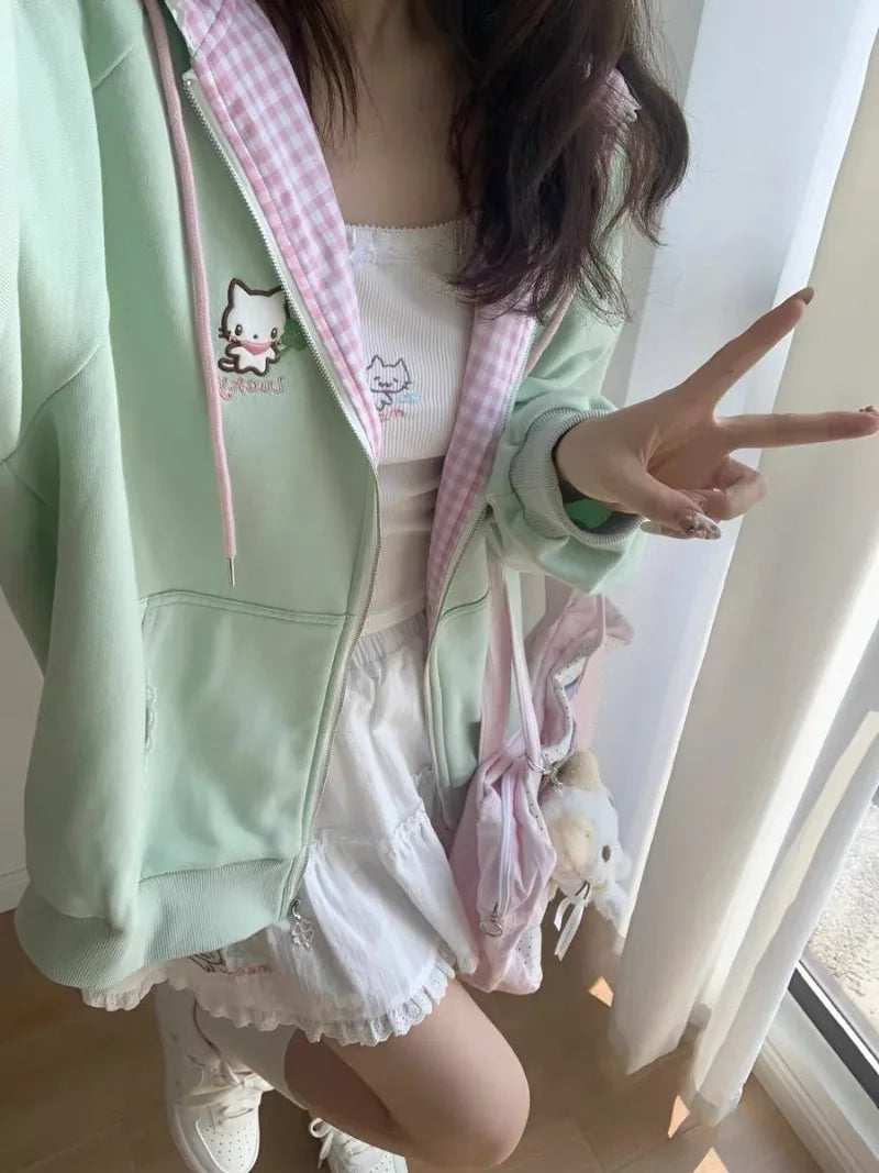 Y2k Hoodies Green Kawaii Cat Floral Print Hooded Zip-up Woman Sweatshirts Pink Thin Jacket Spring Fall Clothes Cute Streetwear LadyShow.Store