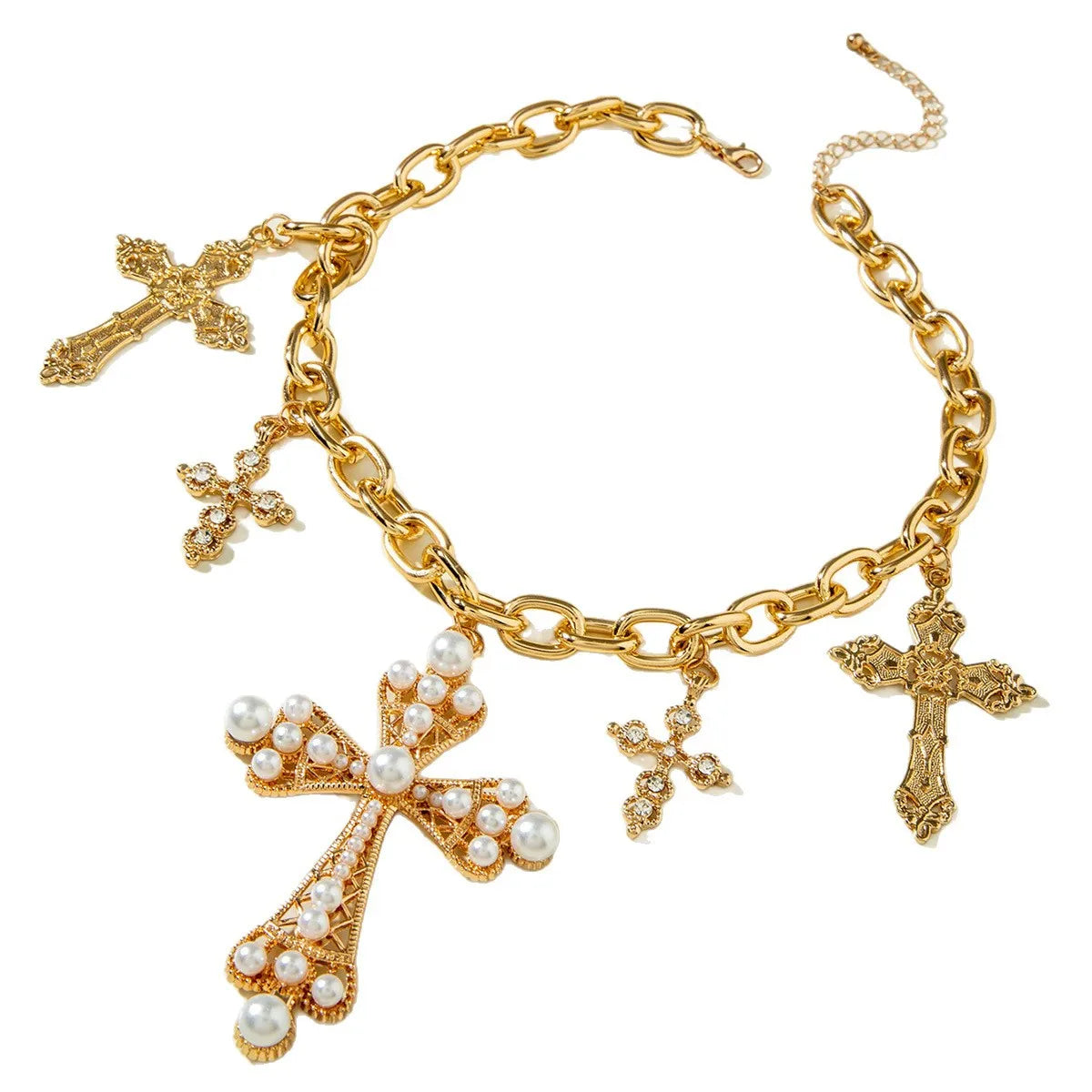 Vintage Creative Imitation Pearl Big Cross Pendant Necklace for Men Woman Luxury Rhinestone Choker Adjustable Chain Jewelry Pi-Mart