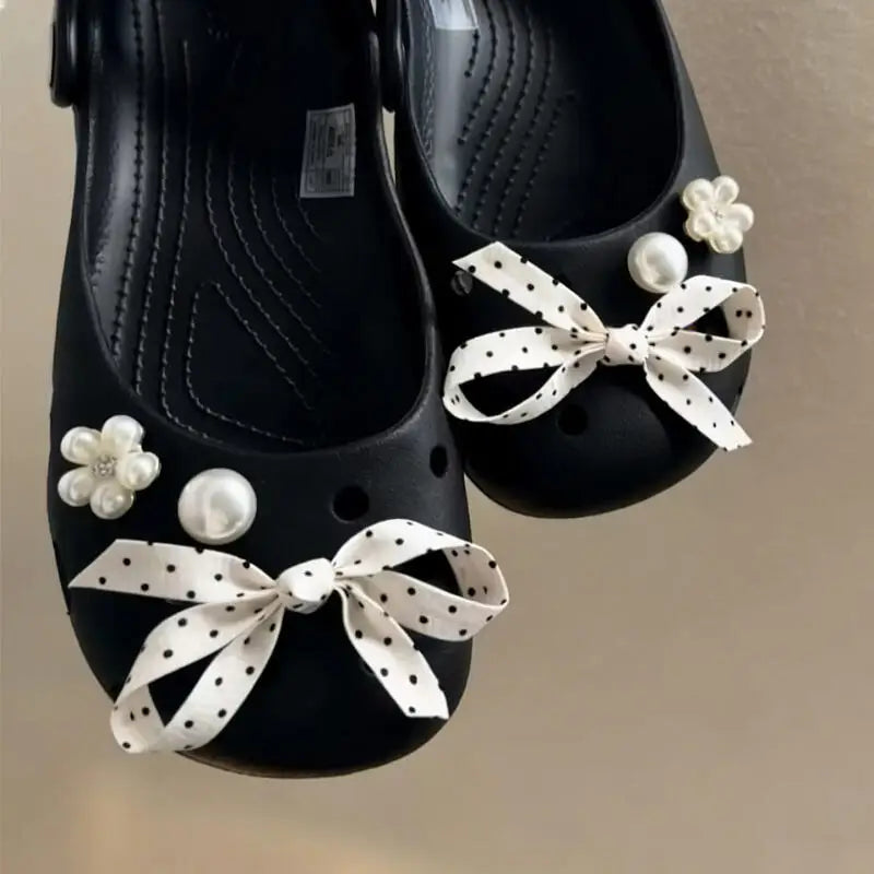 Elegant Polka Dot Bowknot DIY Shoes Charms Set 2026 New Luxury Faux Pearl Ballet Clogs Accessories Woman's Shoes Decorations Pi-Mart