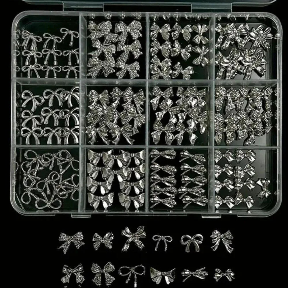 120Pcs/Box 3D Silver Exquisite Bowknot Nail Charms Simple Alloy Ribbon Bowtie Nail Art Decorations DIY Luxury Manicure Accessory Pi-Mart