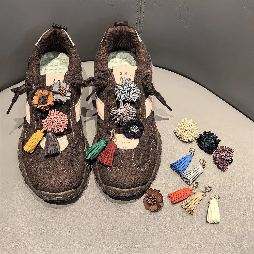 1Pcs Autumn Winter Maillard Tassel Pendant Shoe Charms Leather Flower Shoelace Buckle Sports Shoe Decoration Accessory Buckle Pi-Mart