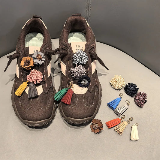 1Pcs Autumn Winter Maillard Tassel Pendant Shoe Charms Leather Flower Shoelace Buckle Sports Shoe Decoration Accessory Buckle Pi-Mart