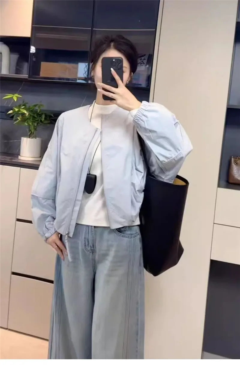 Korean Version Simple Women's Round Neck Solid Color Short Coat 2026 Spring New Female Casual Loose Jacket Joker Little Overwear Pi-Mart