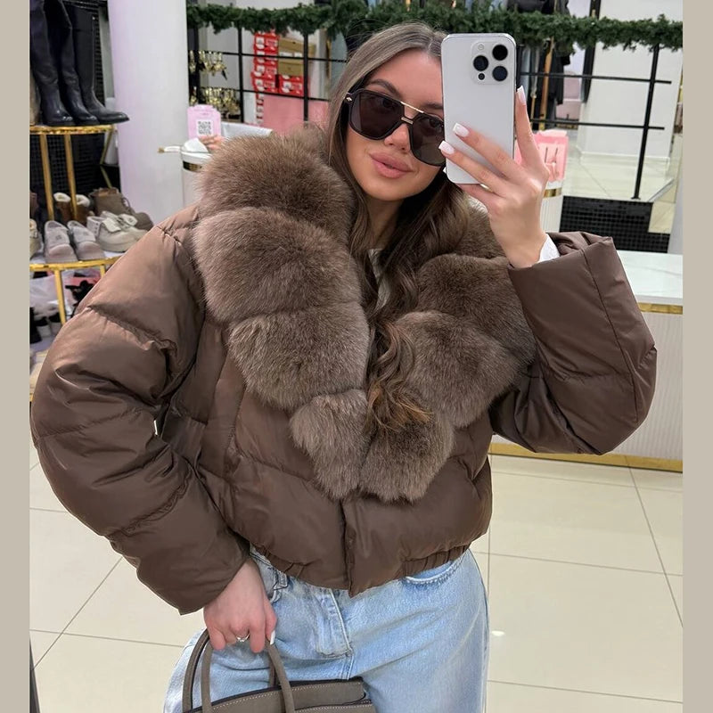 Luxury Thick Faux Fox Fur Collar Cropped Puffer Coat Women Oversized Lapel Zip Up Short Warm Windproof Winter Outerwear Jacket Pi-Mart