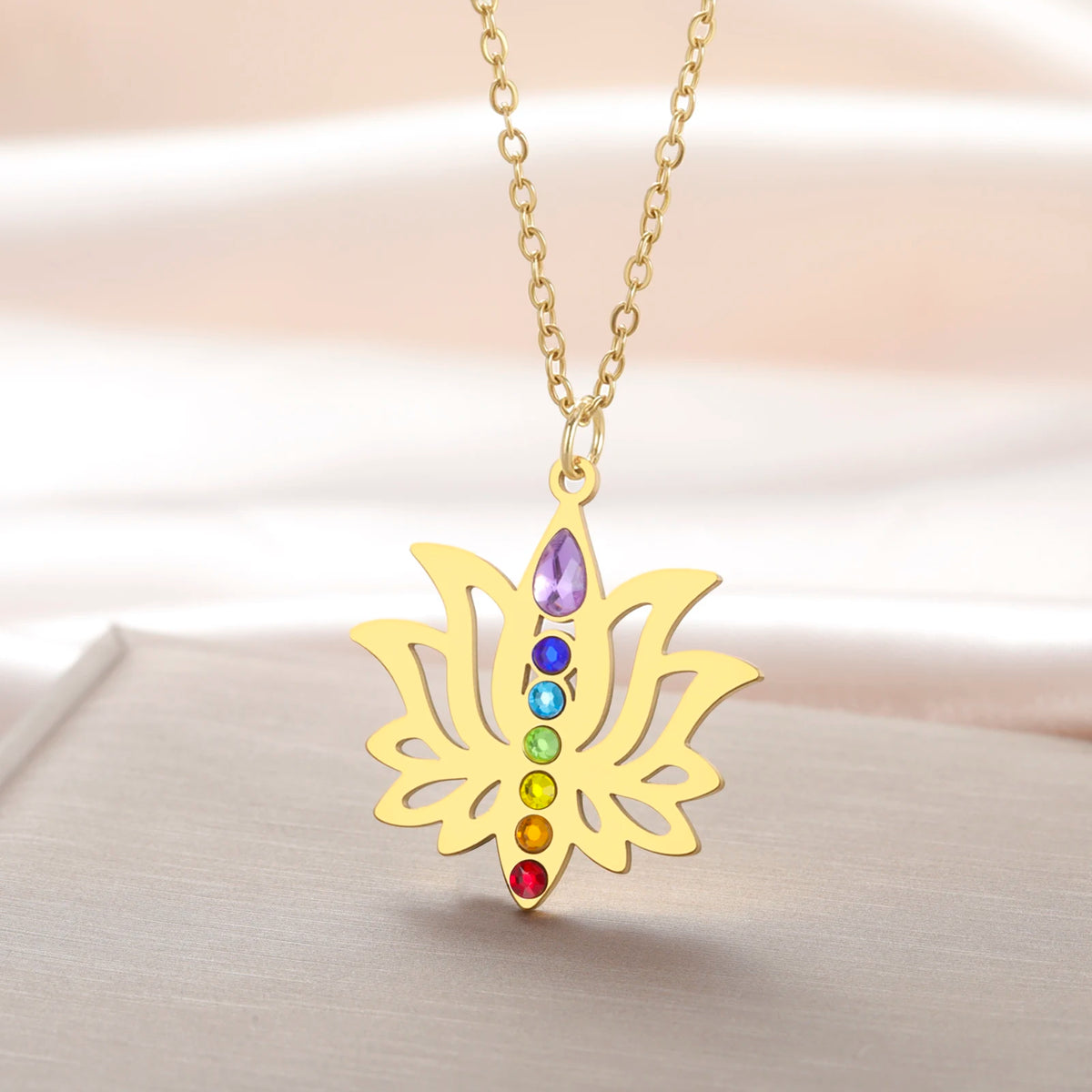 Gold Plated 7 Chakra Lotus Flower Necklace with Om Symbol Spiritual Yoga Jewelry Seven Colorful Zircon Lotus Flower Necklace Pi-Mart
