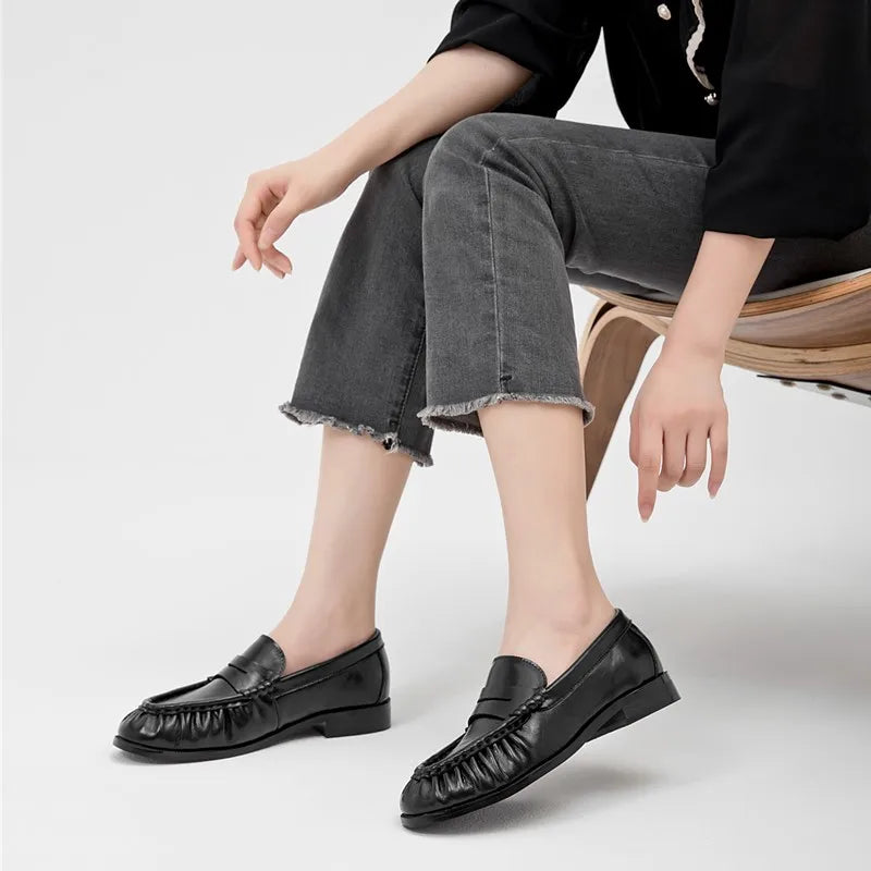 Lady Loafers 2026 Model Handcrafted Retro Pleated Single Shoes for Women, Women's Low-Heeled Leather Suede Shoes Pi-Mart