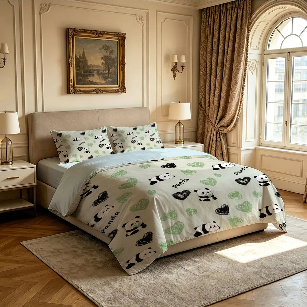 3pcs Cartoon Panda Print Coreless Duvet Cover Cool Summer Lightweight Bedding Set Multi Size Bedroom Bedding Decoration Pi-Mart