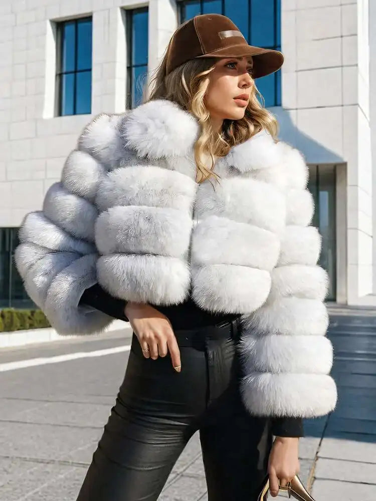DEAT Fashion Women's Faux Fur Coat Lapel Zipper Long Sleeves Loose Thick Imitation  Fur Short Jacket Winter New 7AB6103 Pi-Mart