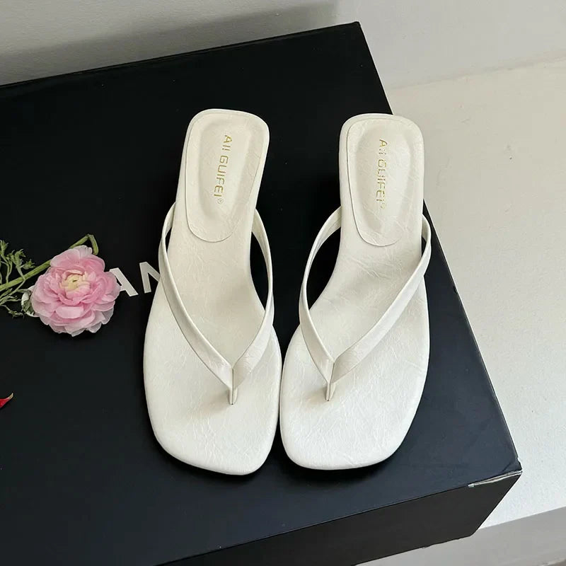 Fashion Square Toe Women 4CM Heels Slippers Slides Sandals Summer Casual Female Flip flops Ladies Thin Heel Slippers Shoes Pumps LadyShow.Store
