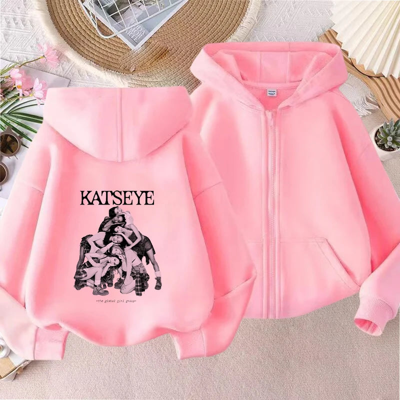 Fashion K POP K-KATSEYE Thin Jacket Cute Printed Coat Girls Sports Clothe Outdoor Workout Casual Top Trendy Birthday Kids Gifts Pi-Mart