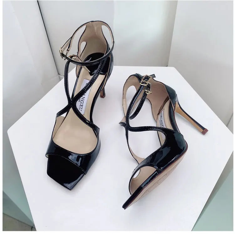 Luxury Sequined Women Gladiator Sandals Summer Designer Shoes for Women 2026 Square Head Hollow High Heels Fashion Ladies Shoes Pi-Mart