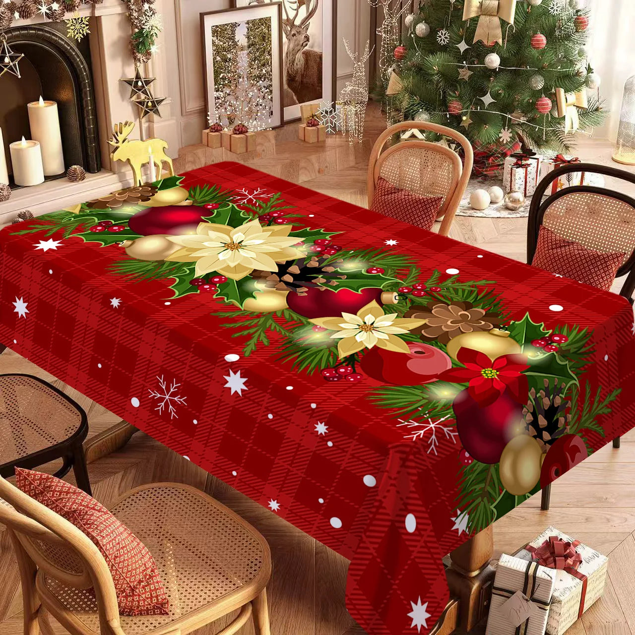 Christmas Rectangle Tablecloth, Poinsettia Design Tablecloth For New Year Party And Dinner Christmas Table Decor Tablecloth Pi-Mart