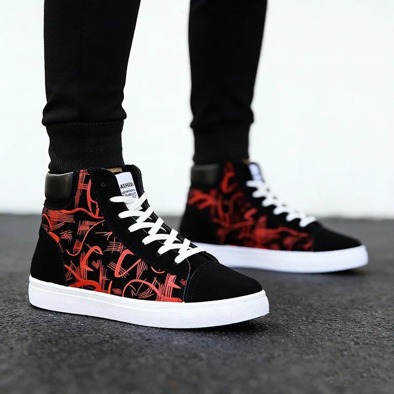 Street Style Fashion Sneakers Mens Casual Shoes Flat Breathable High top Black Red Brand Male Footwear Pi-Mart