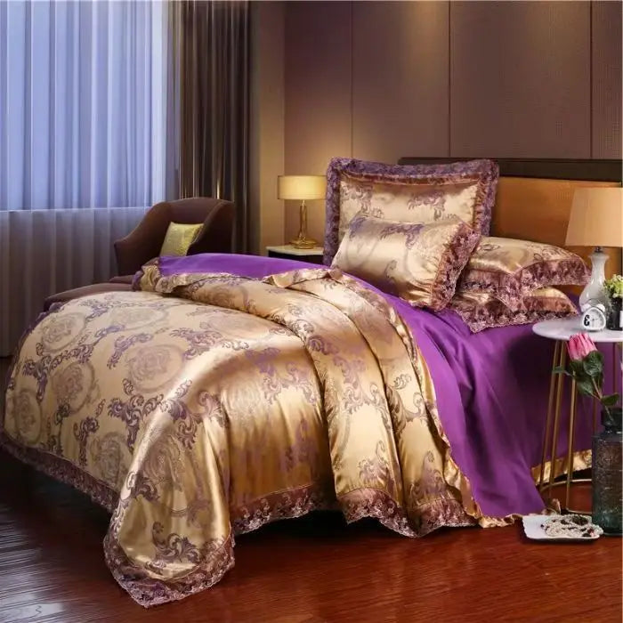 Luxury Jacquard Bedding Set Tencel Modal Duvet Cover 4PCS with Lace Satin Bed Sheet Pillowcases King and Queen Size Home Textile LadyShow.Store
