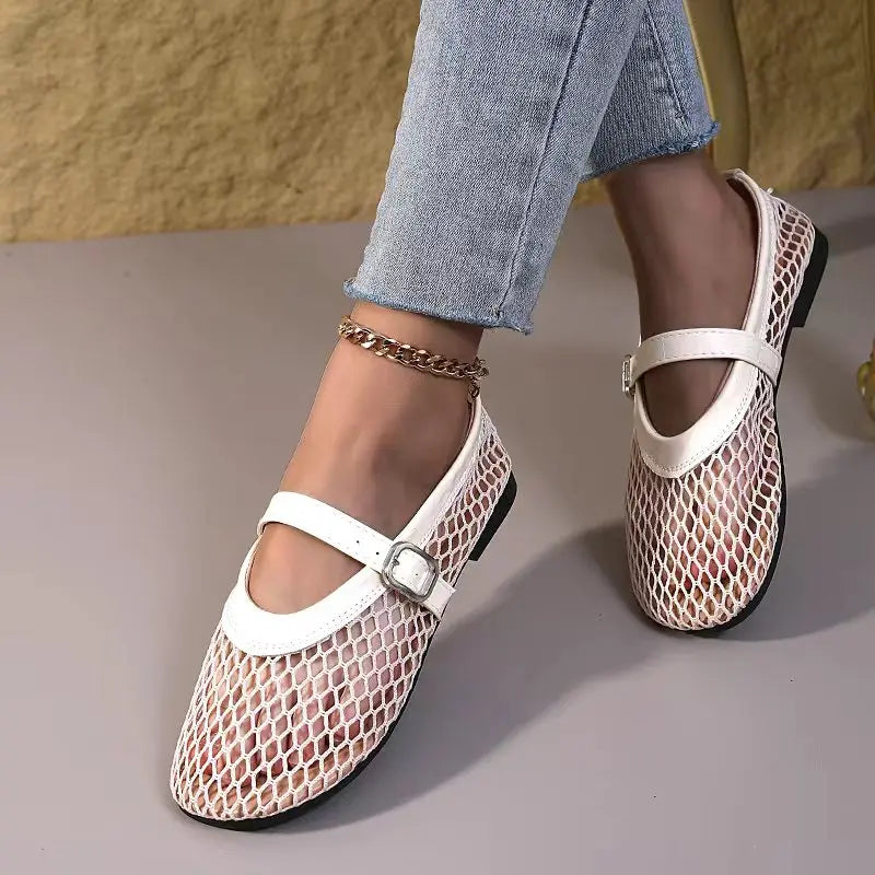 Women's Mary Jane Flats 2026 New Hollow Out Mesh Breathable Fishnet Ankle Strap Casual Summer Sandals Pi-Mart