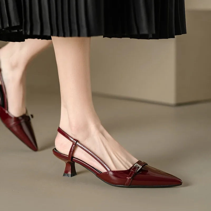 2024 New Summer Women's Dress Shoes Patent Leather Slip on Pointed Toe Sandals Buckle Slingbacks Mid Heels Pumps Sandalias Mujer LadyShow.Store