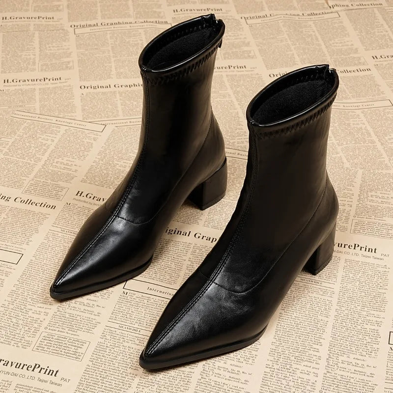 Fashion Vintage Thick Heels Women Slim Ankle Boots Autumn Winter Pointed Toe Stripper Party Short Booties Zapatos De Mujer LadyShow.Store