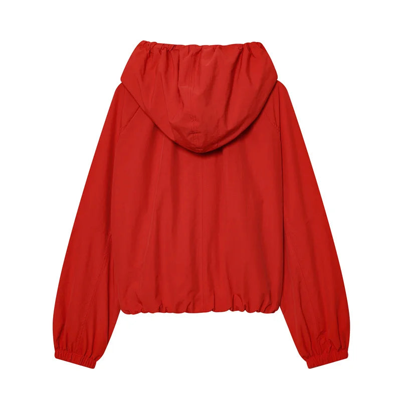 Women's Jacket 2026 Autumn New Red Long-Sleeve Drawstring Decorative Festive Hoodie Zipper Cardigan Casual Fashion Versatile Pi-Mart