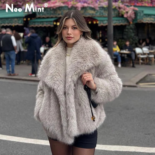 2024 Winter New Fashion Gradient Fluffy Fur Coat Women High Street Luxury Big Fur Collar Faux Fox Fur Jacket Female Overcoats LadyShow.Store