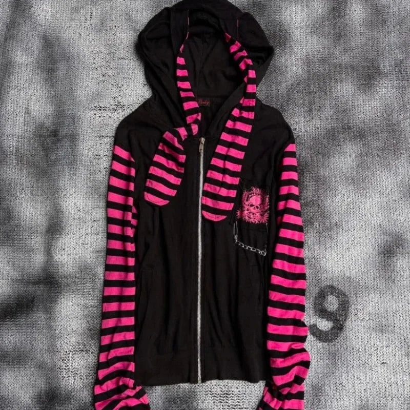2026 Dark Pink Black Punk Skeleton Printed Striped Sleeve Hoodie Street Style Women's Zipper cardigan Wholesale LadyShow.Store