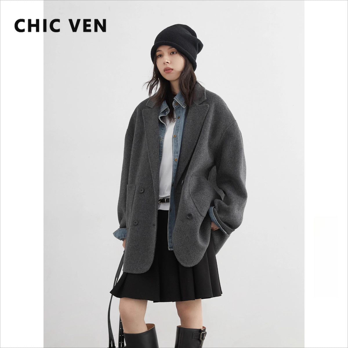 CHIC VEN New Women Woolen Coat Loose Solid Mid-length Double-sided Oversized Office Ladies Jackets Outerwear Autumn Winter 2026 Pi-Mart
