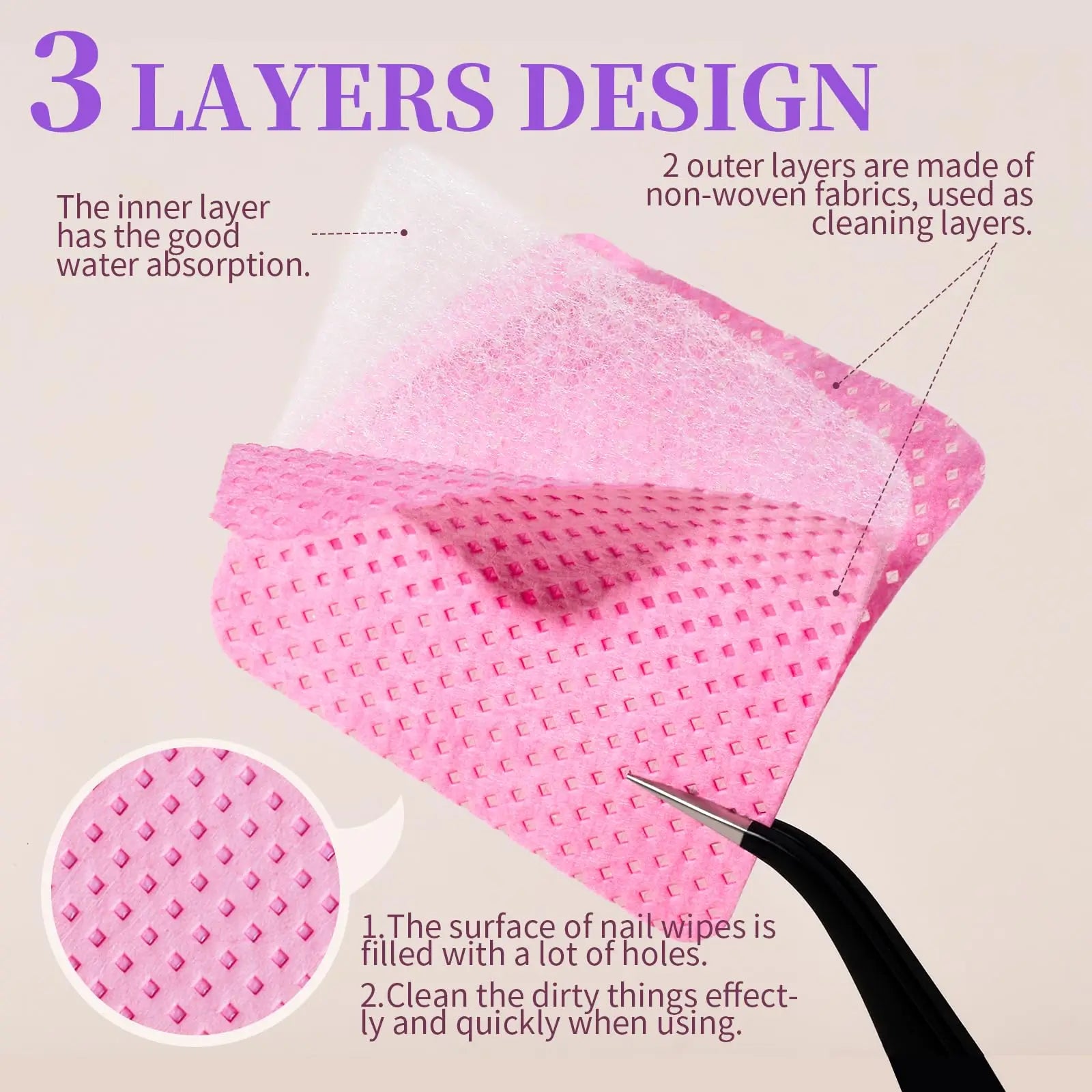 50Pcs Lint Free Nail Wipes Eyelash Extension Glue Wipes Cleaner Cloth Non-Woven Fabric Nail Gel Polish Remover Cotton Pads Tri Light Beauty