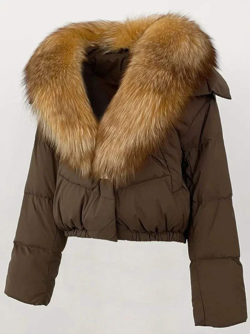 Down Jacket Women Short Puffer Jacket Thick New Big Natural Real Fox Fur Coat  Autumn Winter Female White Duck Down Coat Feather LadyShow.Store