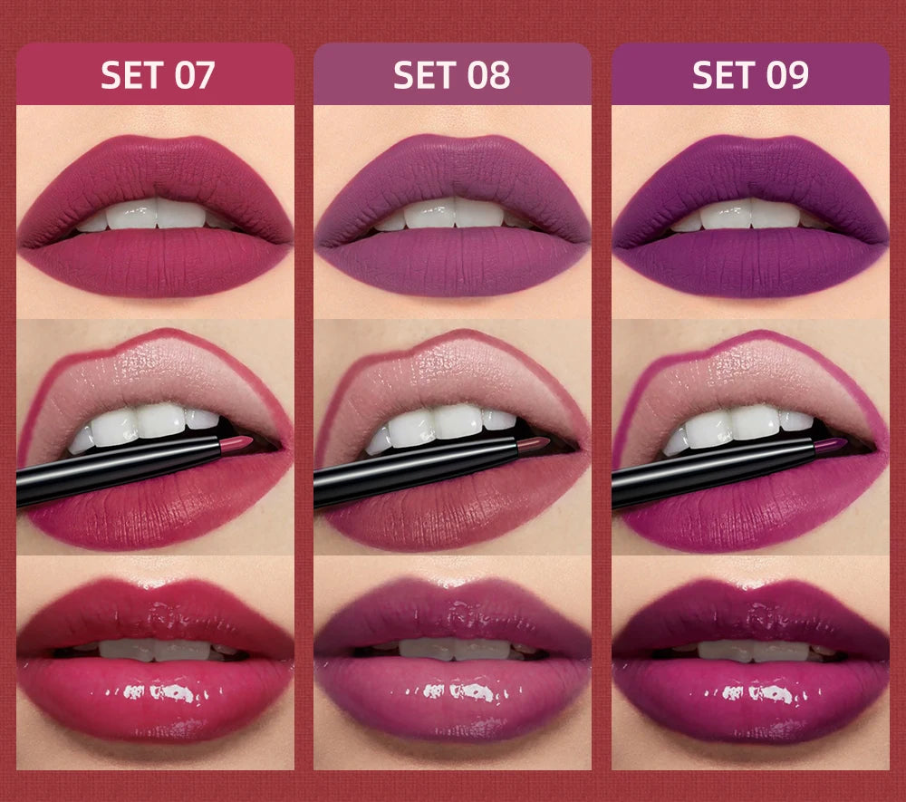 3pcs Matte Liquid Lipstick+Lip Liner Set Lip Glaze Makeup Nude Black Red Velvet Lip Gloss Long Lasting Lip Tint Cosmetics Kits Pi-Mart