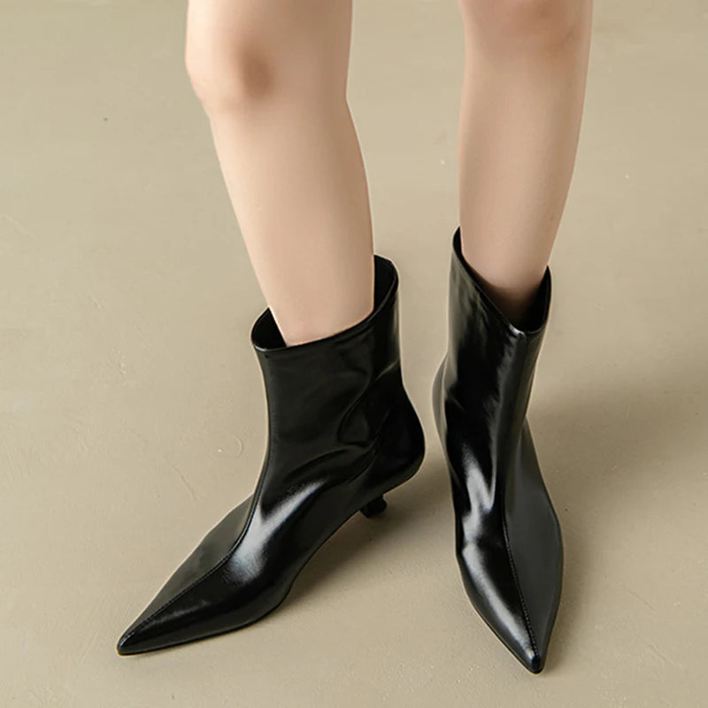 JOZHAMTA Size 34-43 Women Real Leather Ankle Boots Fashion Mid Heels Shoes For Winter Boots Pointy Office Lady Daily Dress Shoes Pi-Mart