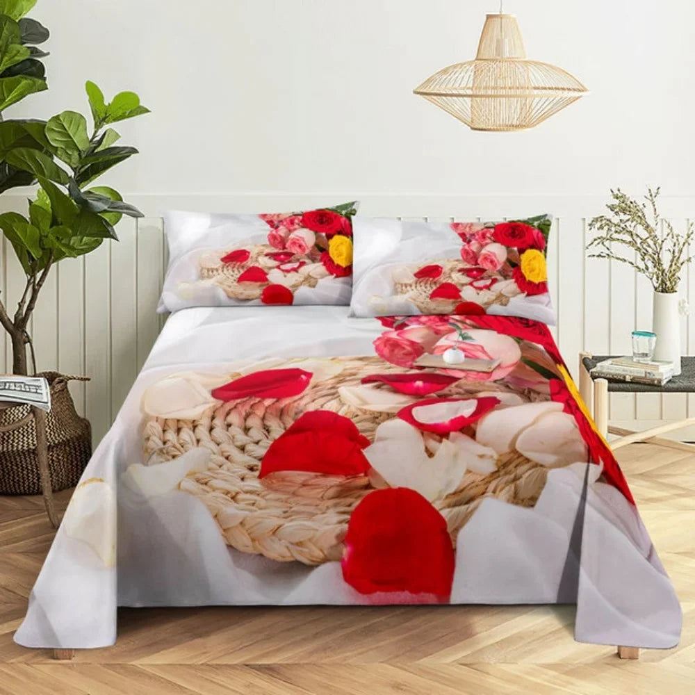 Pink Rose Bed Sheet Sets 3D Print Flowers Bed Flat Sheet for Women Girls King Queen Full Twin Size 2/3pcs Bed Linen Room Decor LadyShow.Store