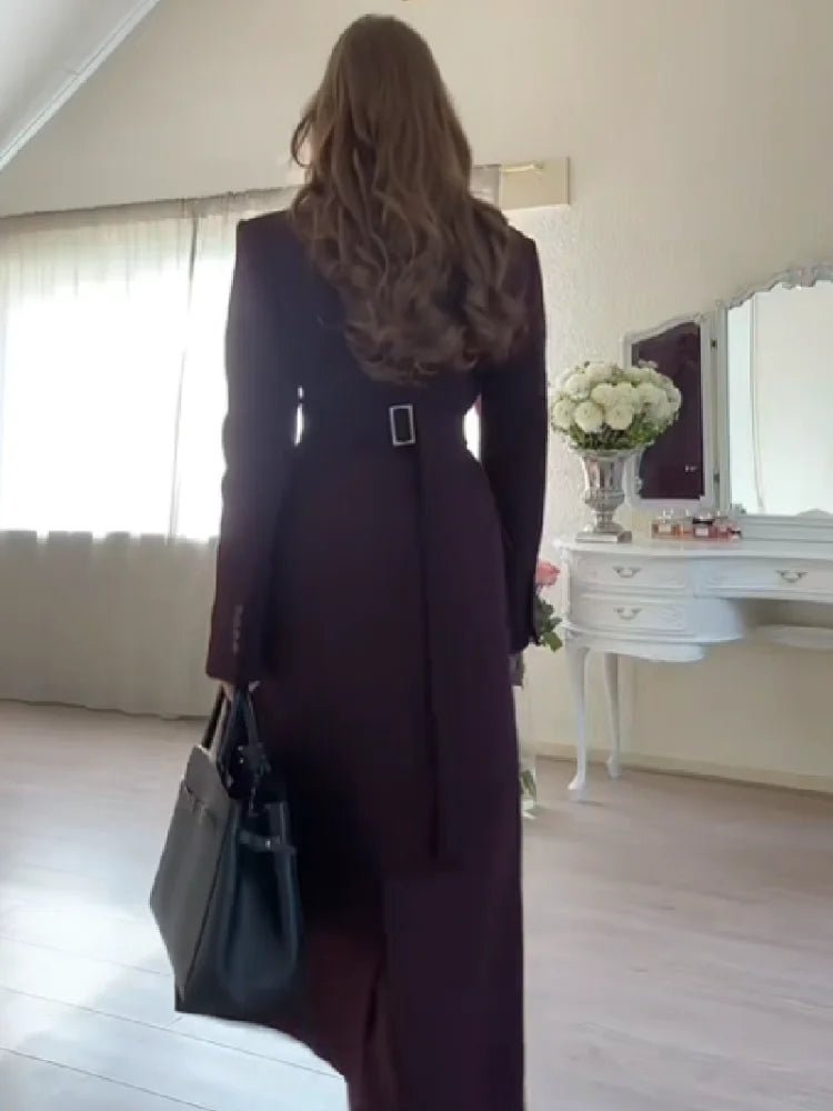 Women's Long Coat Slim V Neck Single Breasted Overcoats Shoulder Pad Maxi Jackets with Belt 2025 New Winter Lady Commute Outwear LadyShow.Store