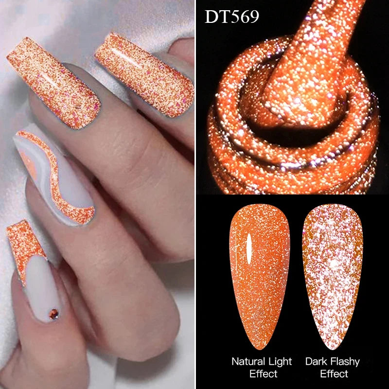 MEET ACROSS 7ml Pink Fluorescent Reflective Gel Nail Polish Glitter Neon Semi Permanent UV LED Gel Nail Art Varnish Manicure Tri Light Beauty
