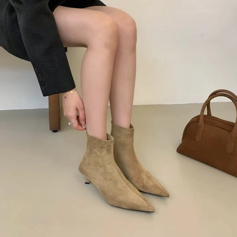 SUOJIALUN 2024 Winter New Brand Women Short Boots Fashion Pointed Toe Ladies Elegant Ankle Boots Thin High Heel Dress Pumps Shoe Pi-Mart
