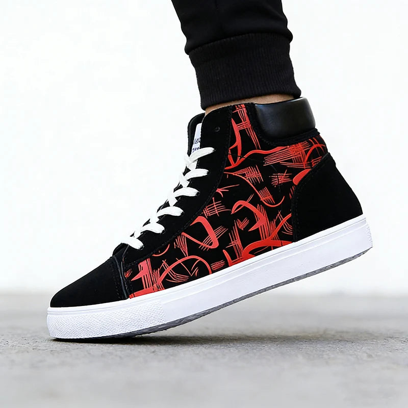 Street Style Fashion Sneakers Mens Casual Shoes Flat Breathable High top Black Red Brand Male Footwear Pi-Mart