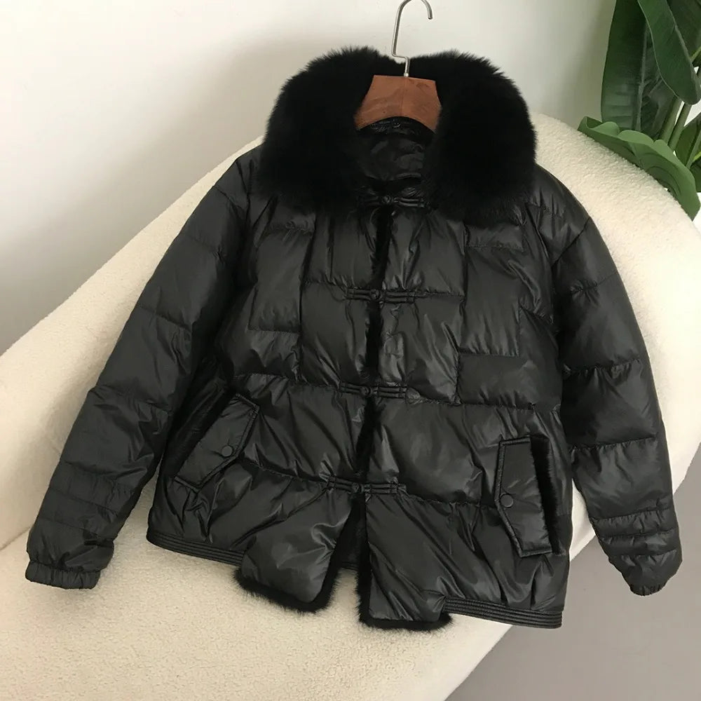 Real Fox Mink Fur Collar Coat Winter Women White Duck Down Jacket Ladies Short Warm Puffer Female Loose Vintage Parka Outerwear LadyShow.Store