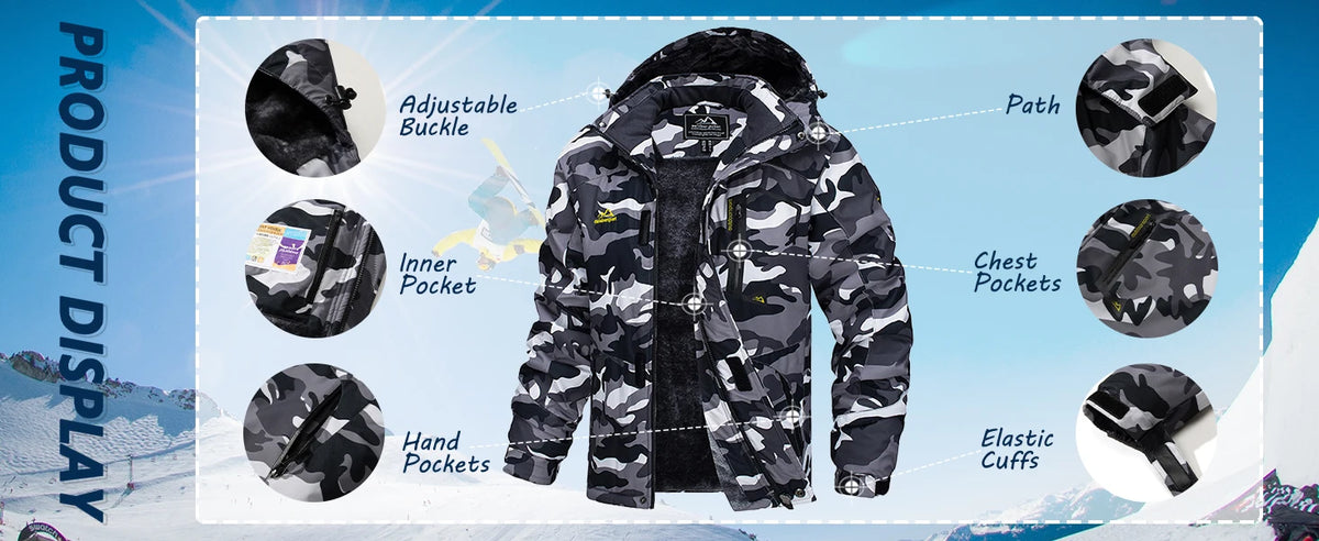 TACVASEN Fleece Lining Mountain Jackets Mens Hiking Jackets Outdoor Removable Hooded Coats Ski Snowboard Parka Winter Outwear Pi-Mart