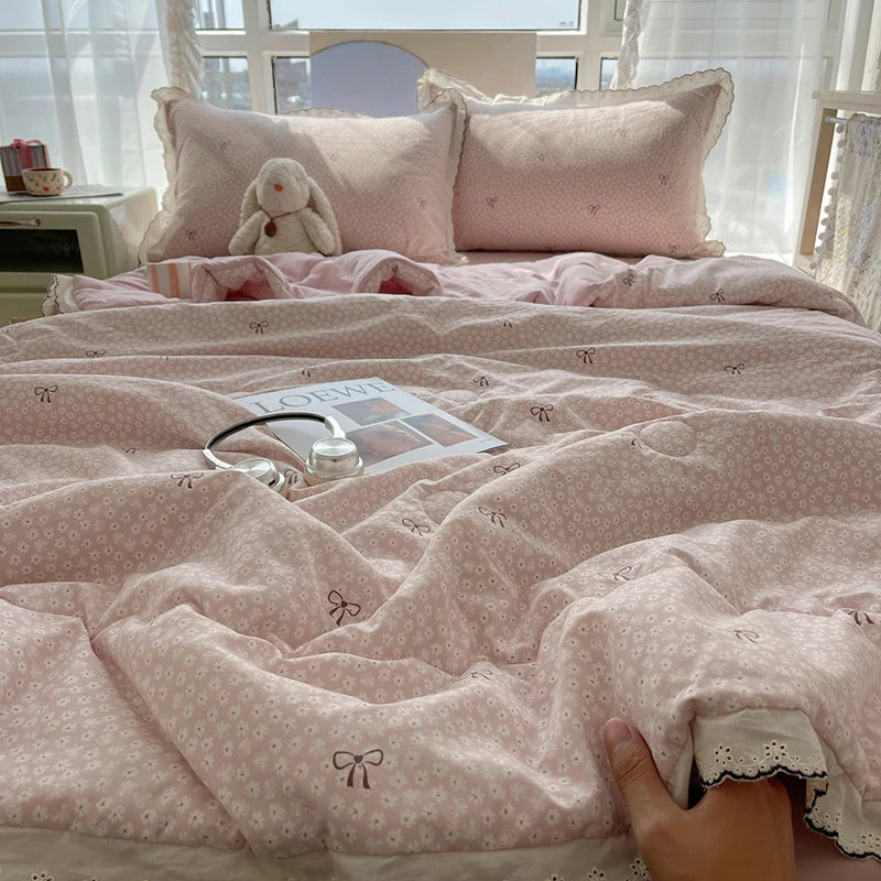 Summer Quilt Korean Style Duvet with Lace Single/Queen Size Comforter Flower Printed Quilted Blanket 여름이불 (No Pillowcase) Pi-Mart